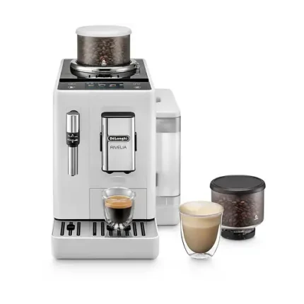 Cafetera superautomática - De'Longhi Rivelia EXAM440.35.W, 1450 W, 19 bar, Molinillo integrado, Espumador leche, Táctil, 4 perfiles, 8 recetas, Blanco